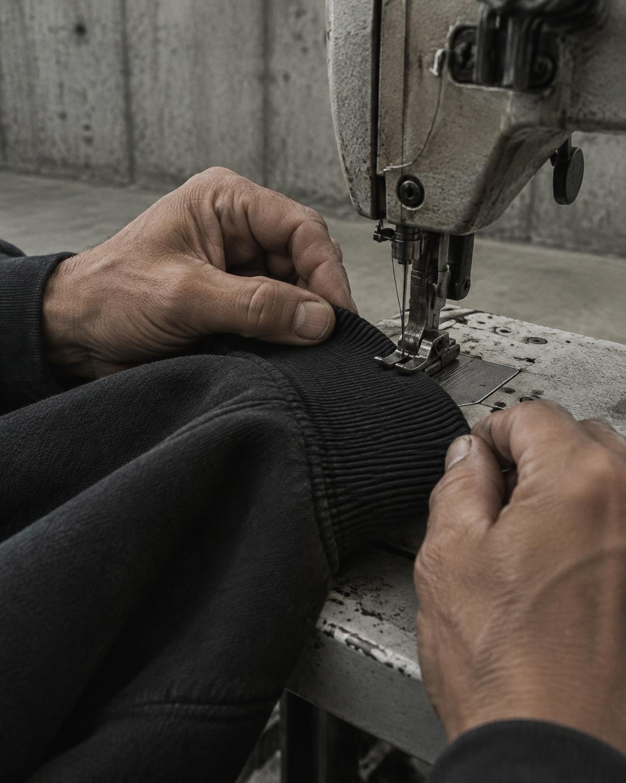 Close-up of charcoal heavy cotton being sewn in the studio