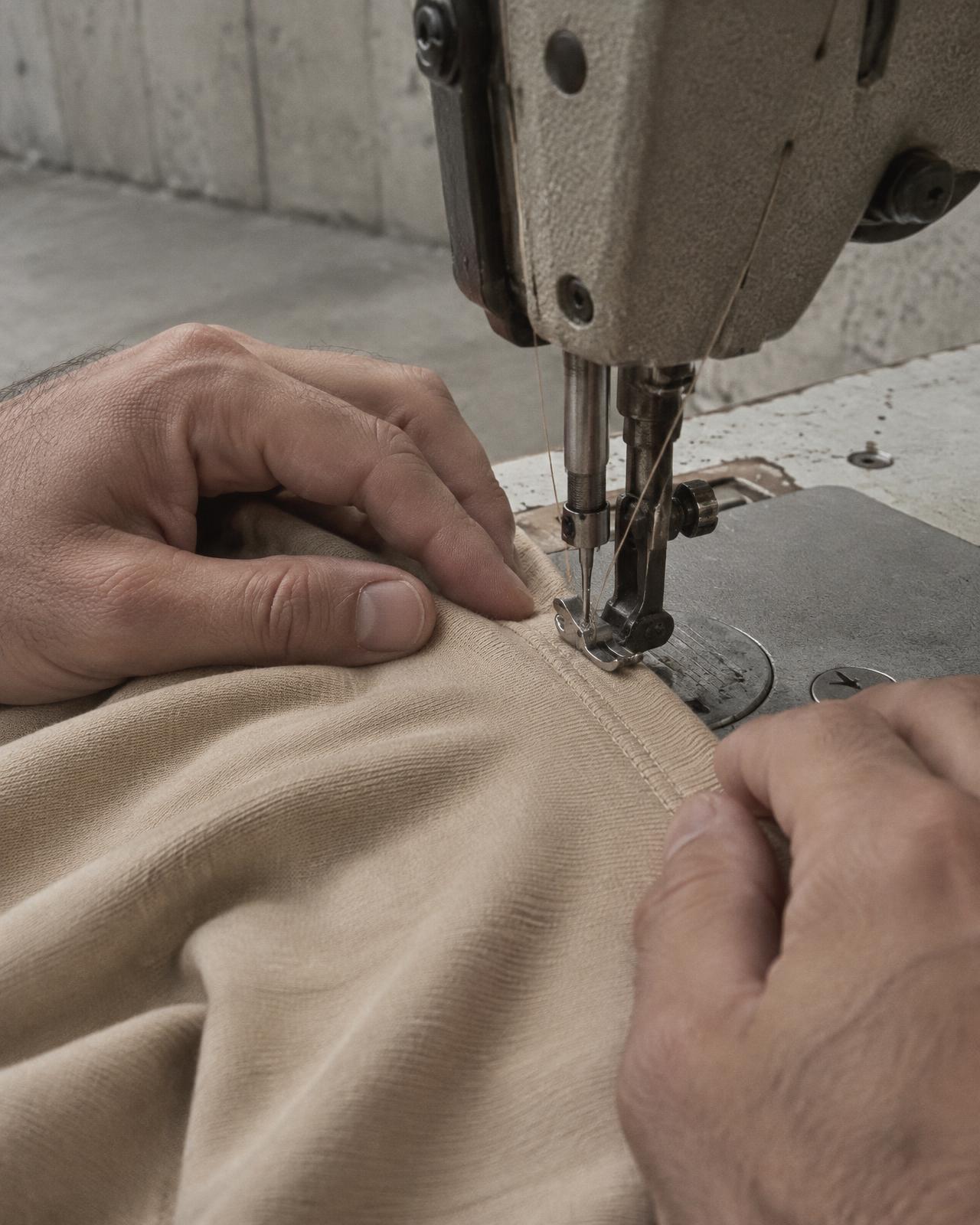 Close-up of sand-toned heavy cotton being sewn in the studio