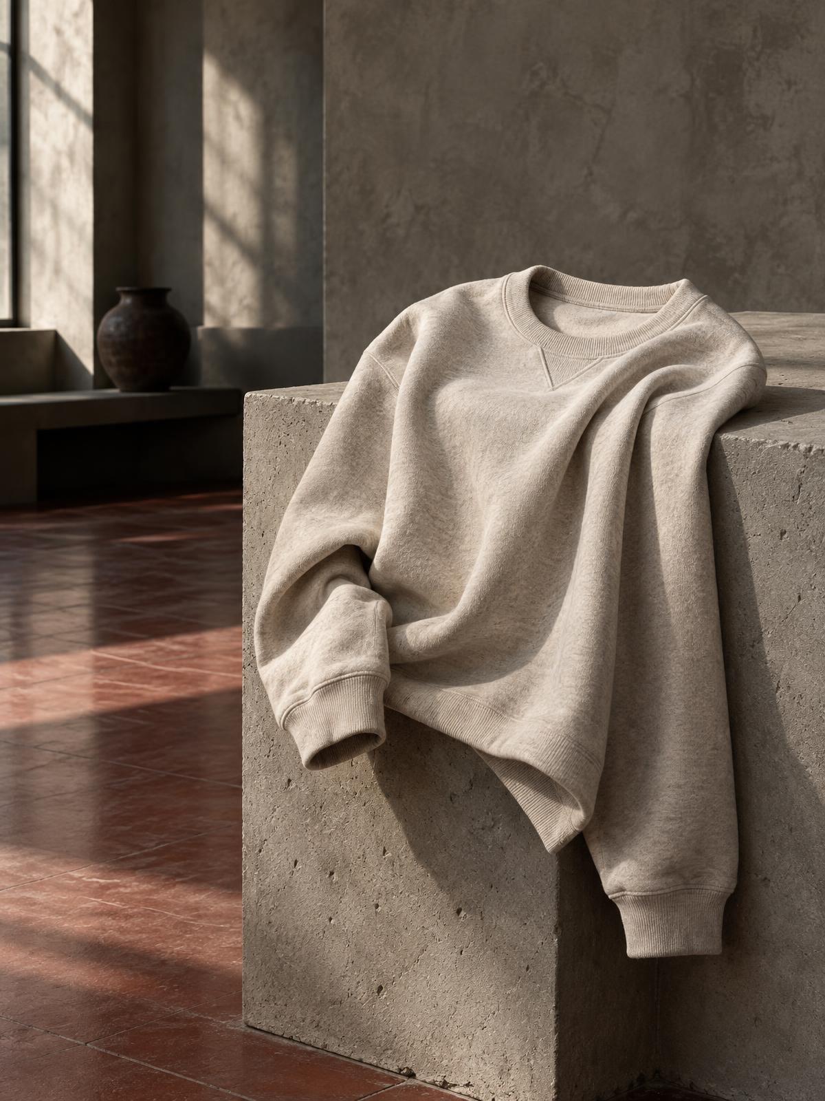 An oatmeal heavyweight crewneck rests on a raw concrete plinth in warm studio light